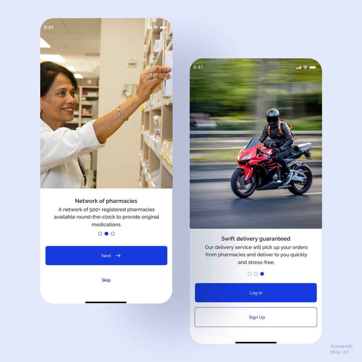 Day 1 of #30daysUIChallenge
Splash & onboarding screens for a medicine purchase and delivery mobile app.