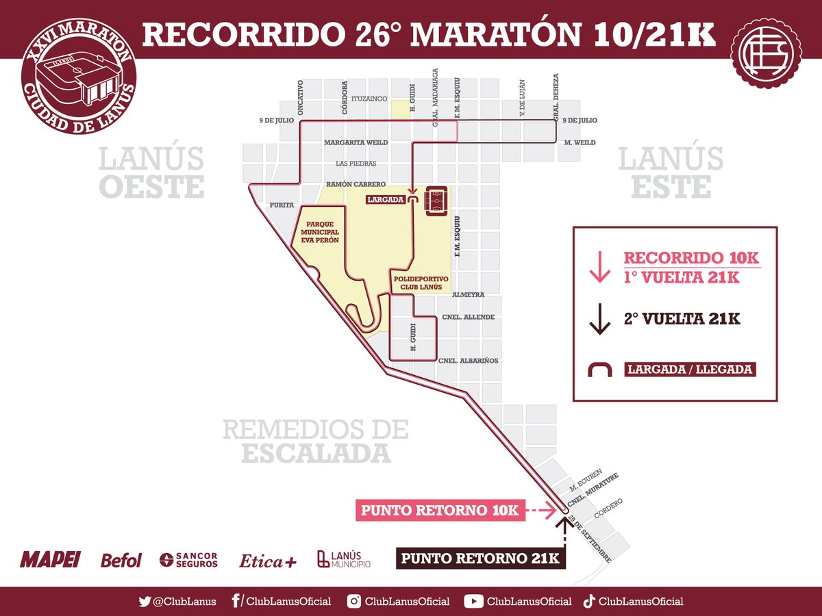 clublanus's tweet photo. 🇱🇻🔜 XXVI MARATÓN DEL CLUB LANÚS: NUEVO RECORRIDO

📣 Información importante sobre inscripción online y presencial: https://t.co/1Uo0m6rcDO https://t.co/hwJksmyvXB