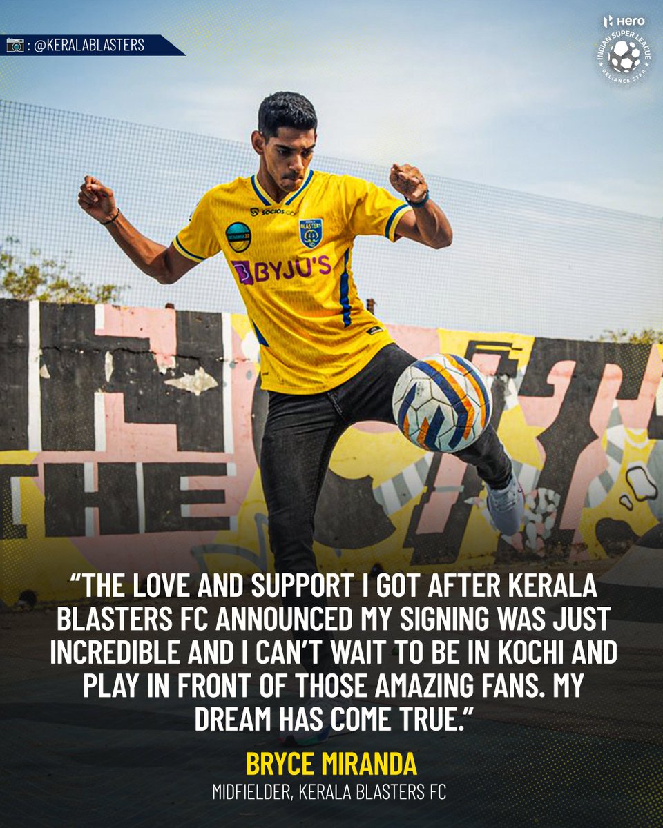 IndSuperLeague's tweet photo. .@KeralaBlasters' new signing @brycemiranda23 is all excited about putting on the colours of KBFC and play in front of the fans at the JLN Stadium in Kochi! 😍🏟️

#HeroISL #LetsFootball #BryceMiranda #KeralaBlasters https://t.co/k5kFyx5feh