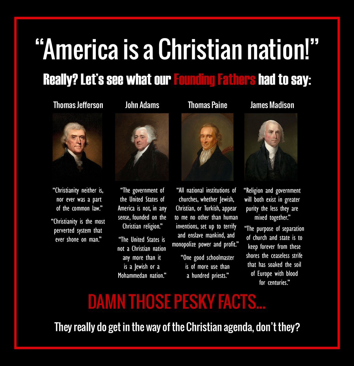 growdandelions's tweet photo. I really thought one of the main points of America was that we didn’t have to follow each others religion. Not Christianity, not Buddhism, not Islam, not Judaism, none of it, unless we choose. 
Unless. We. Choose. 
For. Ourselves. https://t.co/zuV8RcvgsO