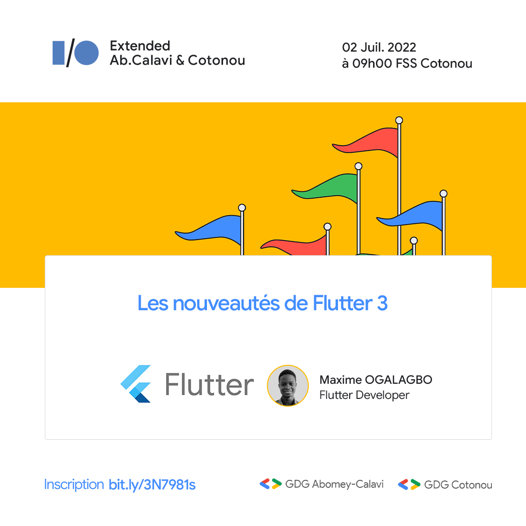 Flutter est un framework de développement d'applications mobiles open source de Google qui devient très populaires . @juniormedehou_ , @/FestusOlusegun et @/MaximeOgalagbo nous en parleront de long en large.

C'est demain à la FSS Cotonou à partir de 9h00.
#TT229 #GDGAbomeyCalavi