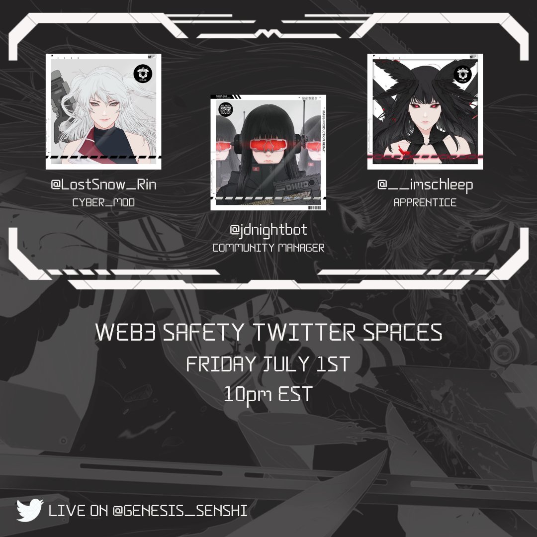TGOAonline's tweet photo. ⚠️ WEB3_SAFETY_TWITTER_SPACES ⚠️

Join us tonight 10p EST for a casual discussion of the most common ways wallets and Discords get compromised, social engineering and the best ways to stay safe.
We welcome Listeners to share their own experiences and advice! 🦾🥷✨ https://t.co/7h7fZuWWva