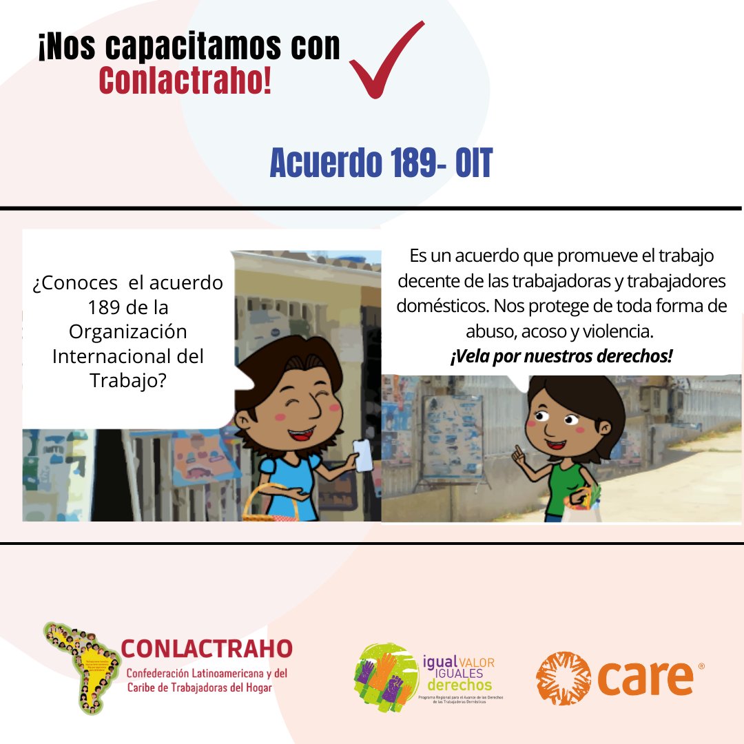 Te invitamos a revisar el #acuerdo189 de la #OIT
Conoce tus #DerechosLaborales
<a href="/CARE/">CARE (care.org)</a> <a href="/ICarelac/">igualvalorigualesderechos.lac</a>