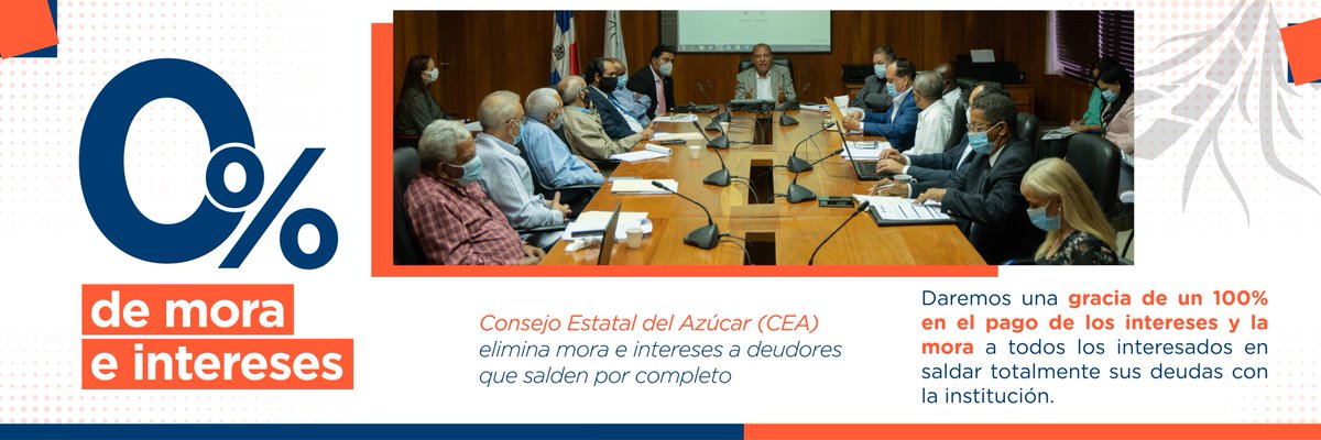 cea_rd's tweet photo. El Consejo Estatal del Azúcar dará una gracia de un 100 % en el monto total de la #MORA y los #INTERESES a los clientes que paguen por completo sus deudas con la institución, a partir de la fecha y por tiempo limitado.
.
¡Estamos trabajando para ser algo más grande!
.
#CEARD https://t.co/p32fusCeGg
