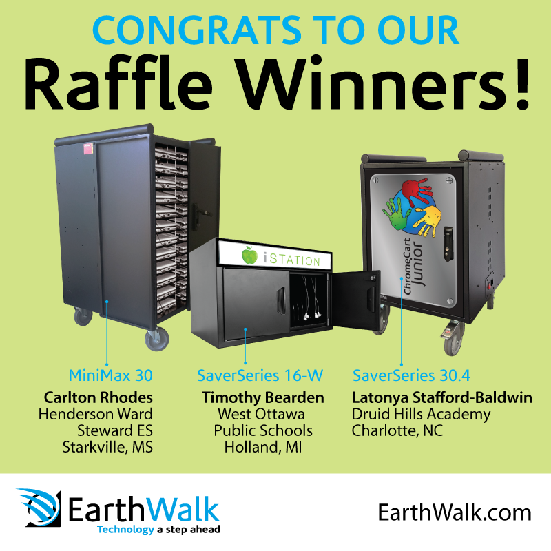 EarthWalk's tweet photo. Congratulations to our raffle winners @HWSElementary , @WOPublicSchools and @CharMeckSchools - we hope you enjoy your new #EarthWalk charging stations!  Thank you to all who participated - see you next year in Philadelphia!  #ISTE #ISTELive #ISTE22 #ISTELive2022 #EdTech https://t.co/M438ZEI3NS