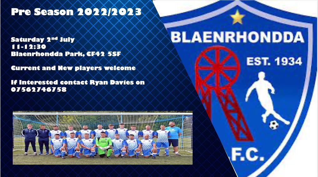 ❗️Pre Season Training❗️
Reminder that our first pre season session takes place tomorrow 11-12:30 at Blaenrhondda Park

Current and New players welcome ⚽️