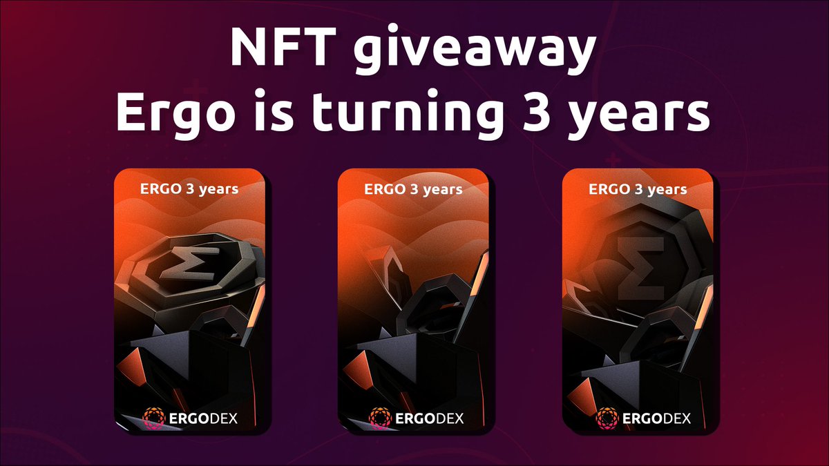 spectrumxnet's tweet image. 🎉@ergoplatformorg is 3 years old today! Let’s celebrate it with a bang. We are giving away 10 NFTs, the winners will receive ErgoDEX tokens in the future. To participate:
- Like this tweet
- RT
- Follow @ergoplatformorg and @ErgoDEX
The results will be on July 15, good luck!