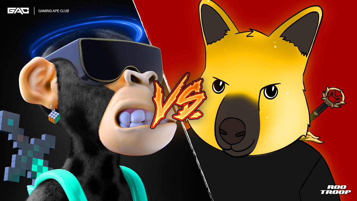 GamingApeClub's tweet photo. We're going head to head against @RooTroopNFT for a friendly competition...

🎮 First to 0.2 FP wins (21 GACs away)
🎮 Each GAC purchase = 100 GAC XP
🎮 Refer-a-Friend, you both get 500 GAC XP
🎮 Every 10 GACs purchased places a GAC available to purchase in our marketplace https://t.co/V3AAf0v36i