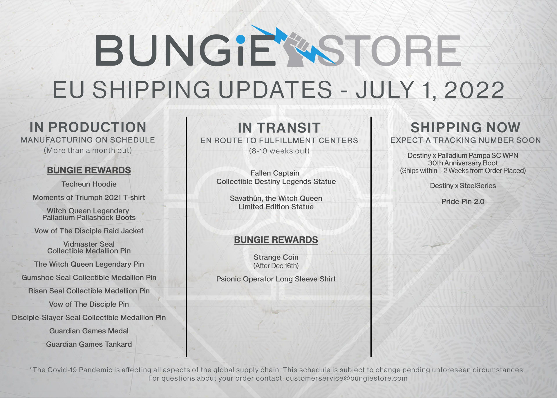 Bungie Store on Twitter "Bungie Store shipping updates, July 1 2022