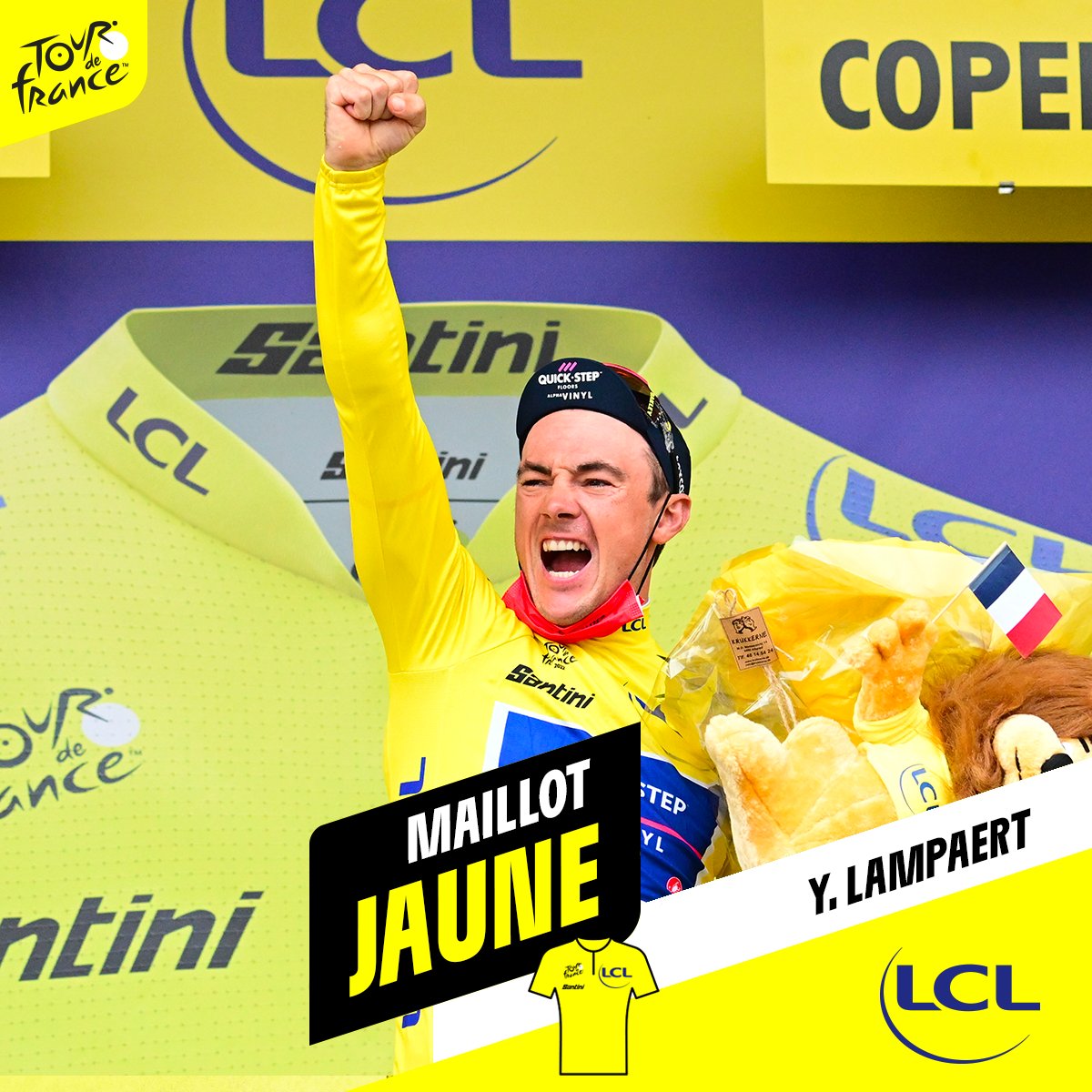 LeTour's tweet image. 🎽 Jerseys after stage 1 / Maillots distinctifs après l'étape 1

💛 @yveslampaert 
💚 @yveslampaert 
👶 @TamauPogi 

#TDF2022