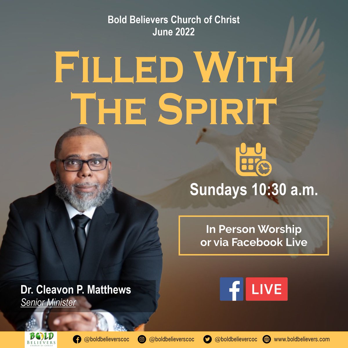 BoldBelieverCOC's tweet photo. Bold Believers we have started a new series titled "Filled With The Spirit." We anticipate a great word from the Lord from Dr. Cleavon P. Matthews.  See you in person or on Facebook live. 
#sundayservice #holyspirit #church #bible https://t.co/VQ2rSM8rVB