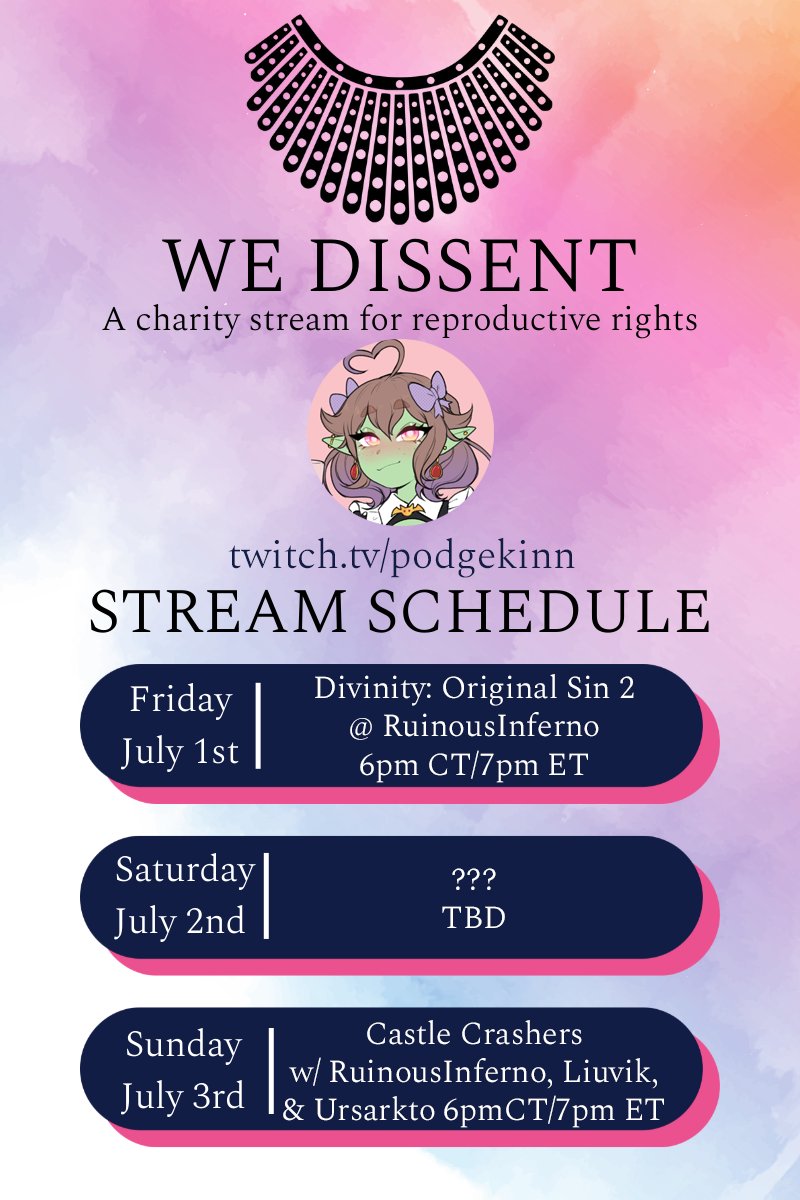 #WeDissent has gathered to raise funds to fight for the right to reproductive care and freedom. Join me as I raise money with #WeDissent. Join me this weekend on twitch (link in reply) to help me reach my goal! #RoevWade #RoevsWade #RESIST