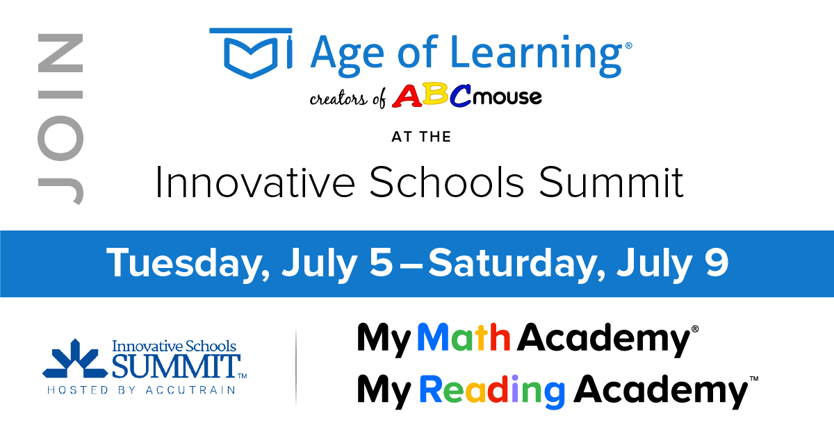 AofLSchools's tweet photo. Age of Learning will be at the Innovative Schools Summit next week. Visit our booth to learn more about our standards-aligned, adaptive learning solutions, My Math Academy and My Reading Academy, that help drive positive learning outcomes. #innovativeschoolssummit https://t.co/MAZHkKzKOB