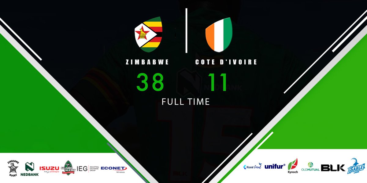 Full Time: Zimbabwe Sables 38 - 11 Ivory Coast Great run out for the boys as they pick up their W and look forward to the next round of Rugby World Cup Qualifiers The road to #RWCQualifiers continues!!!! #ZimRugby #RWCQualifiers