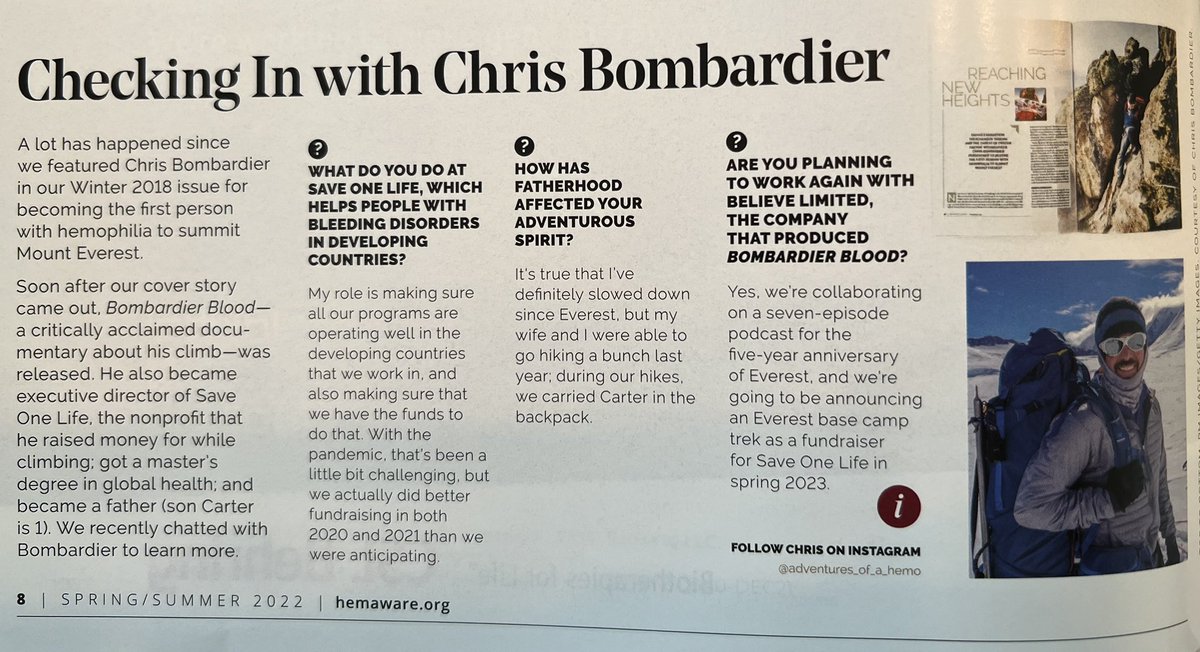 pjlynch's tweet photo. Nice catch-up blurb in @NHF_Hemophilia’s most recent #HemAware on @AdventureHemo w/ shoutouts to @bombardierblood, https://t.co/rgpYkMJJ2D, and The Final Summit podcast from @BloodStreamInfo. 🧗🏻‍♂️🎧🩸 https://t.co/noltN6Ubmp