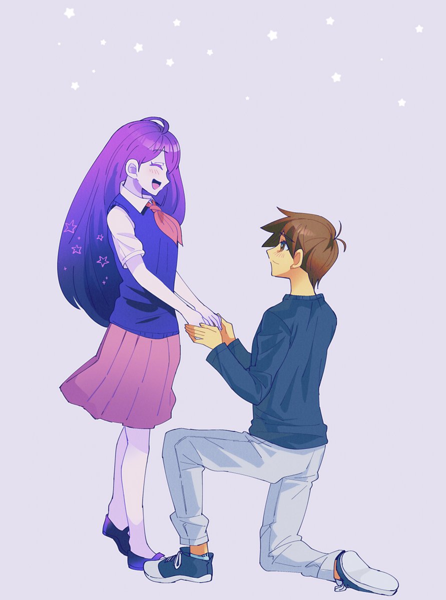 1girl 1boy skirt long hair closed eyes smile purple hair  illustration images