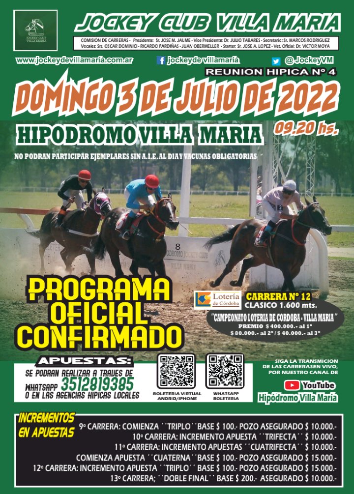 FHipodromos's tweet photo. Hipódromo de Villa María - Programa Oficial para este domingo 3 de julio - Reunión Nº4 - Clásico Campeonato Lotería de Córdoba - Villa María (1600 metros) https://t.co/5lP73WaQJe