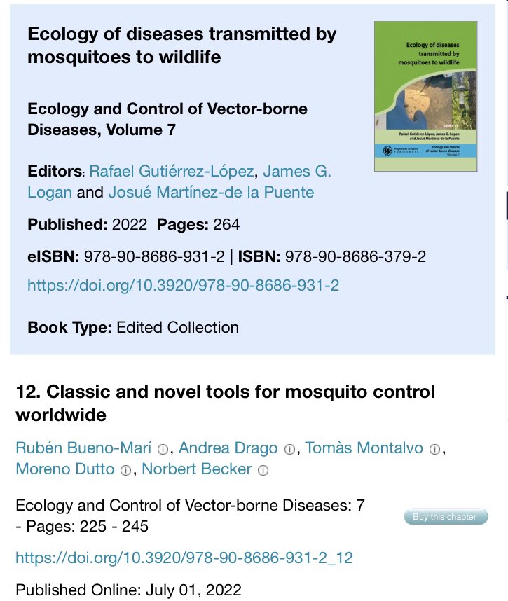 📔After hard work by many authors👉🏻the book “#Ecology of #diseases transmitted by #mosquitoes to #wildlife” has been published!
🦟We contribute with a chapter focused on “Classic &amp; nivel tools for #MosquitoControl worldwide”
👥Editors: <a href="/rafgutlop/">Rafael Gutiérrez-López</a> <a href="/ProfJamesLogan/">Professor James Logan 🏴󠁧󠁢󠁳󠁣󠁴󠁿</a> <a href="/JMartinezPuente/">Josué Martínez-de la Puente</a>