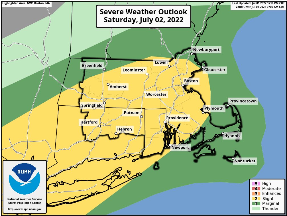 NWSBoston's tweet image. With the holiday weekend upon us, please be aware of the potential for severe thunderstorms Saturday afternoon and early evening.  If planning to be outdoors, make sure you have a plan to get to a safe indoor shelter quickly. #ctwx #mawx #riwx