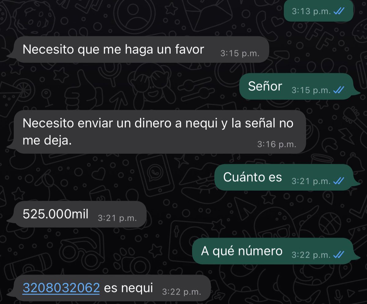 Mariafernandaeb's tweet photo. @Nequi están utilizando este número de Nequi (3208032062) para robar ! Hackearon un whatsapp y están pidiendo plata con ese número https://t.co/MnIigg4OqC