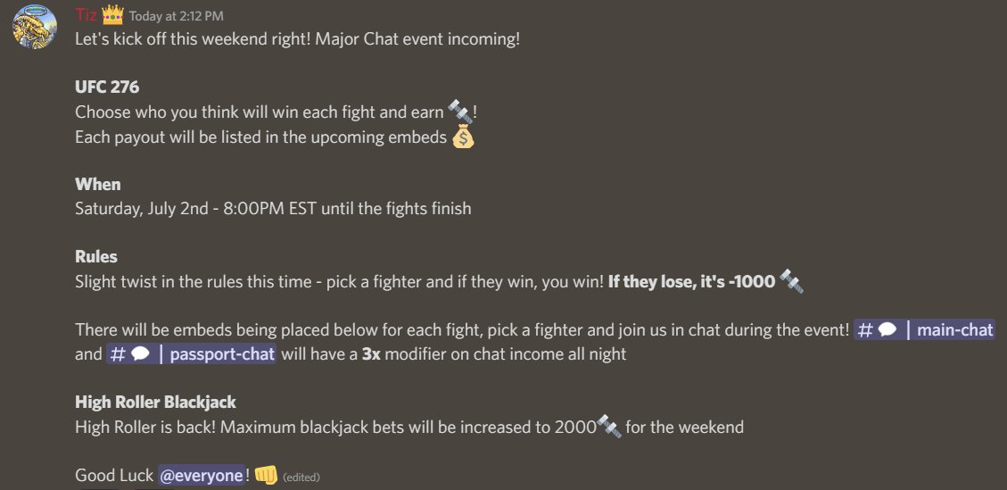 Major #ChatToEarn event incoming for #UFC276! Join us on Discord this weekend to earn extra Scrap🔩!