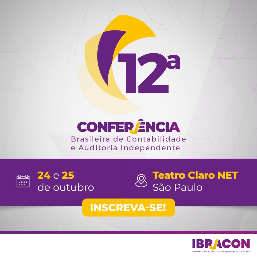 Garanta sua participação na 12ª Conferência Brasileira de Contabilidade e Auditoria Independente do Ibracon, que acontece nos dias 24 e 25 de outubro na capital paulista e em formato híbrido. Inscreva-se: bit.ly/3bIFpyT
 
#Ibracon #ConferenciaIbracon #auditoria