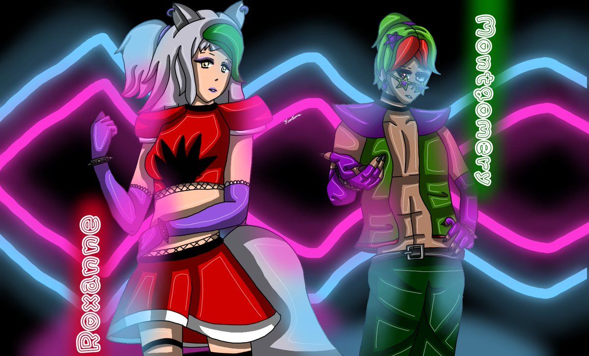 Funtime_CC's tweet image. I wanted to try out the new "sketches" feature on Ibis paint so, I decided to draw Montgomery and Roxanne as humans in my style. Hope they look good 🐺🐊🤍💚