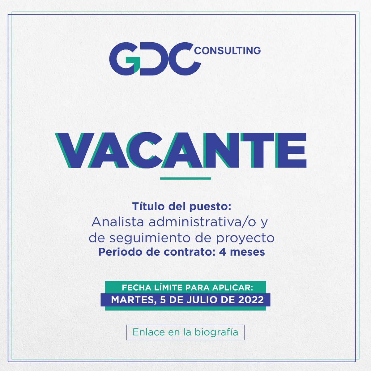 SuperateRDO's tweet photo. ¡Atención, vacante disponible! ✍🏽

GDC Consulting tiene una vacante disponible como analista administrativo/a y seguimiento del proyecto EFTP, en alianza entre Supérate, KOICA y el @MinEconomiaRD. 

Si deseas impulsar tu carrera profesional aplica aquí https://t.co/erZo4hQxKu https://t.co/uDLlI6EdFD