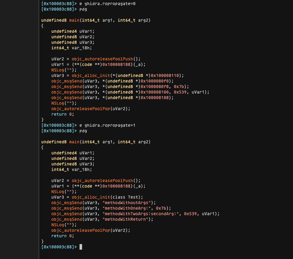 rz-ghidra v0.4.0 is out too!

It includes constant propagation from read-only memory, resulting for example in much better readable results for Objective-C code. 🍏📱
This can be controlled with the ghidra.ropropagate option and is enabled by default.

github.com/rizinorg/rz-gh…