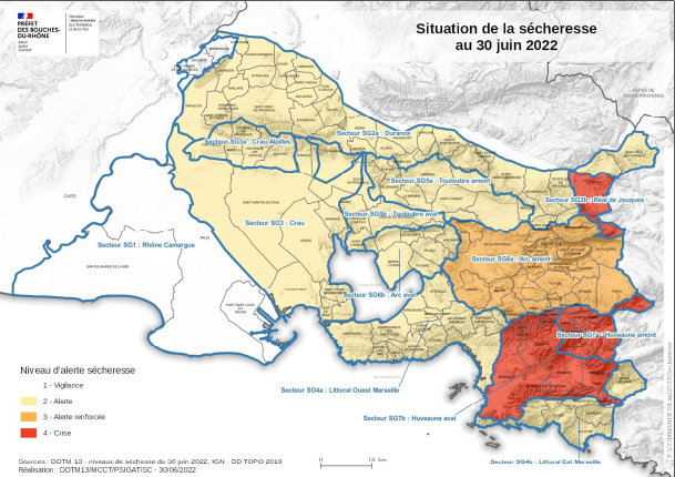 Prefet13's tweet photo. #Sécheresse2022 : passage en alerte renforcée de l’Arc amont, en alerte des secteurs Crau, Crau Sud Alpilles, Durance, Touloubre amont aval, Littoral Ouest, Littoral Est de Marseille. L’Huveaune amont et aval et le Réal de Jouques restent en état de crise. https://t.co/HiIqZSmQTX