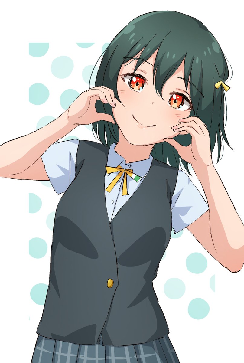 1girl nijigasaki academy school uniform school uniform dark green hair solo orange eyes ribbon  illustration images