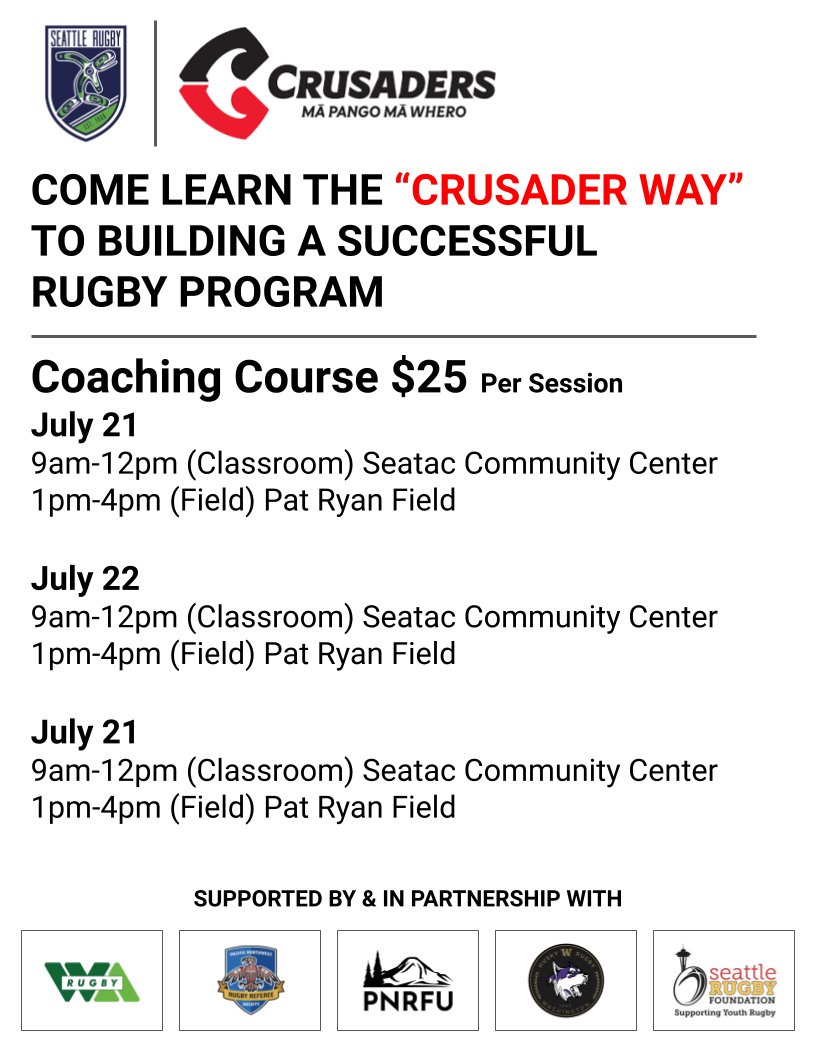 🗓️ SAVE THE DATES! 

PNW rugby community working together to bring one of the best teams in the world to PNW - The Crusaders! 

The program will help you build a successful Rugby program! 

#Rugby #Crusaders #Coaching