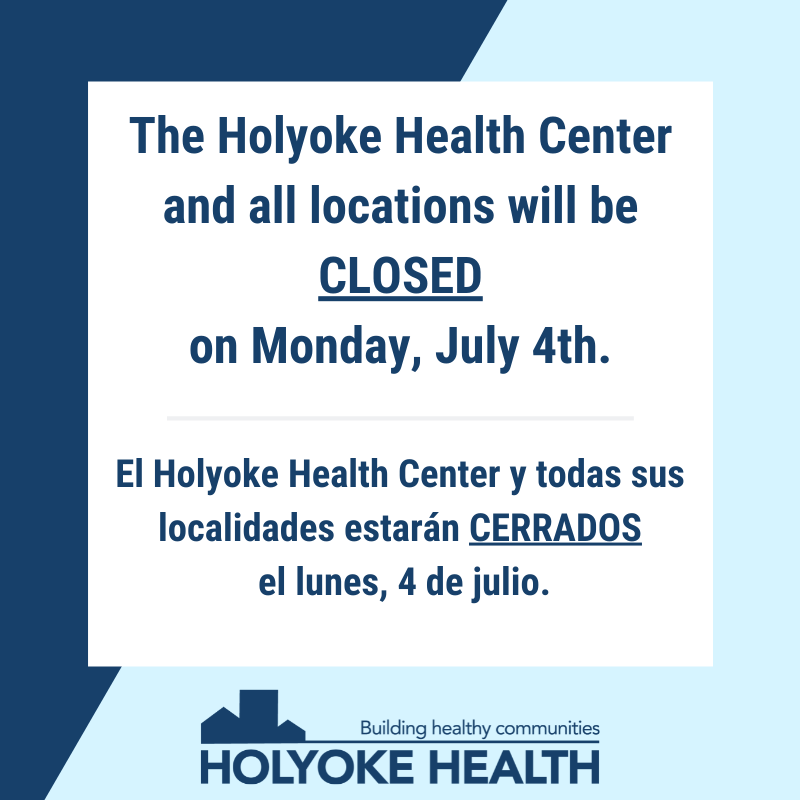 HolyokeHealth's tweet photo. ATTENTION: The Holyoke Health Center and all locations will be CLOSED on Monday, July 4th for the holiday.
ATENCIÓN: El Holyoke Health Center y todas sus localidades estarán CERRADOS el lunes, 4 de julio debido al día feriado. https://t.co/qG7gPbiYZ7