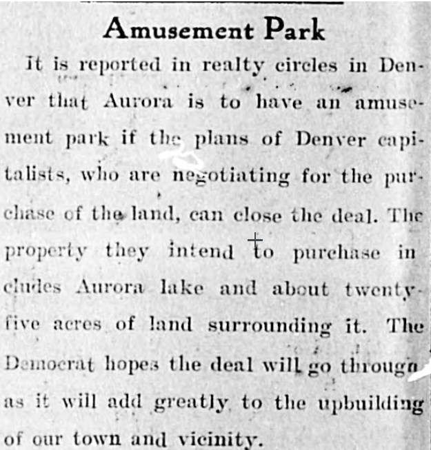 AuroraHistoryCO's tweet photo. Did you know:
There have been attempts to build an amusement park in Aurora over the years. In 1910, the front page of the Aurora Democrat described the hopes of locals, "It is reported... that Aurora is to have an amusement park." 
#ArchivesAmusementPark!  #ArchivesHashtagPart https://t.co/w1vT0wFUid