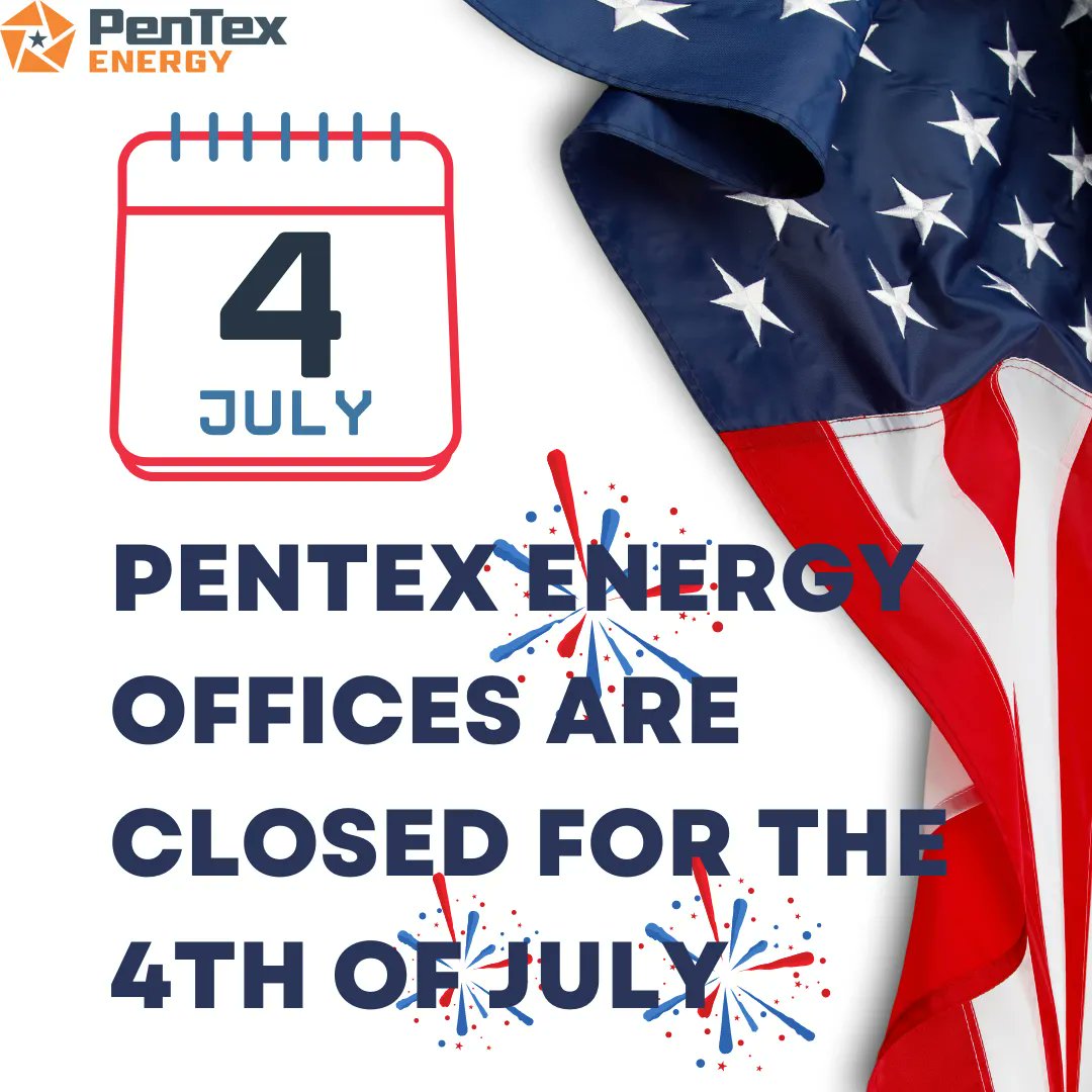 PenTexEnergy's tweet photo. PenTex Energy's office will be closed on Monday, July 4, 2022. We will resume normal business hours the following day. Have a great holiday weekend! #fourthofjuly https://t.co/TcYDUwwy8x