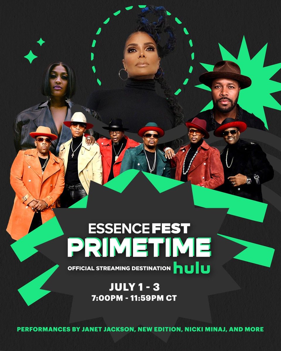 ABC30's tweet photo. The party is back! 🎉 For this weekend only, livestream #EssenceFest primetime only on Hulu! Watch musical performances from #JanetJackson #NickiMinaj #NewEdition #DJDNice and more. Starting at 5 PM July 1-July 3 with #EssenceFestOnHulu. https://t.co/A0hKdJ6gQT