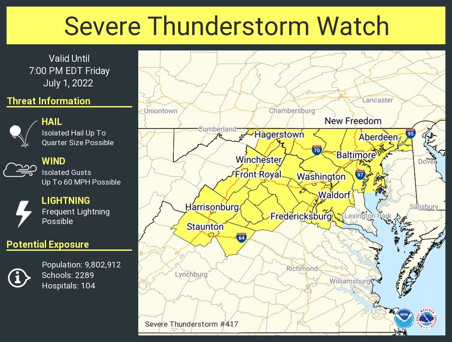 This graphic displays Severe Thunderstorm watch number 417 plotted on a map. The watch is in effect until 7:00 PM EDT. The watch includes parts of District of Columbia, Maryland, Virginia and West Virginia. The threats associated with this watch are no tornadoes expected, isolated hail up to quarter size possible and isolated gusts up to 60 mph possible. There are 9,802,912 people in the watch along with 2289 schools and 104 hospitals.