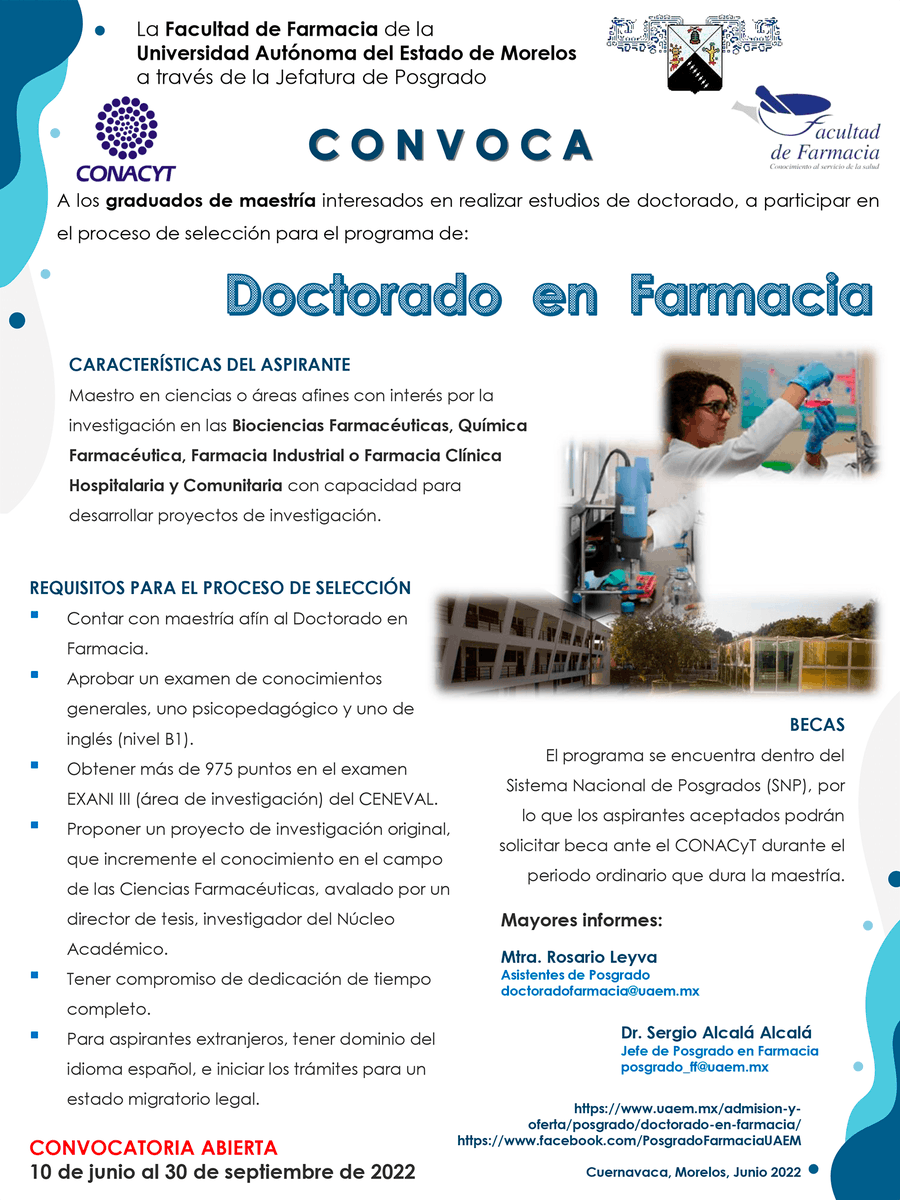 uaemorelos's tweet photo. Convocatoria | Doctorado en Farmacia 2023-1. #UAEM https://t.co/mGFAr1n0KO