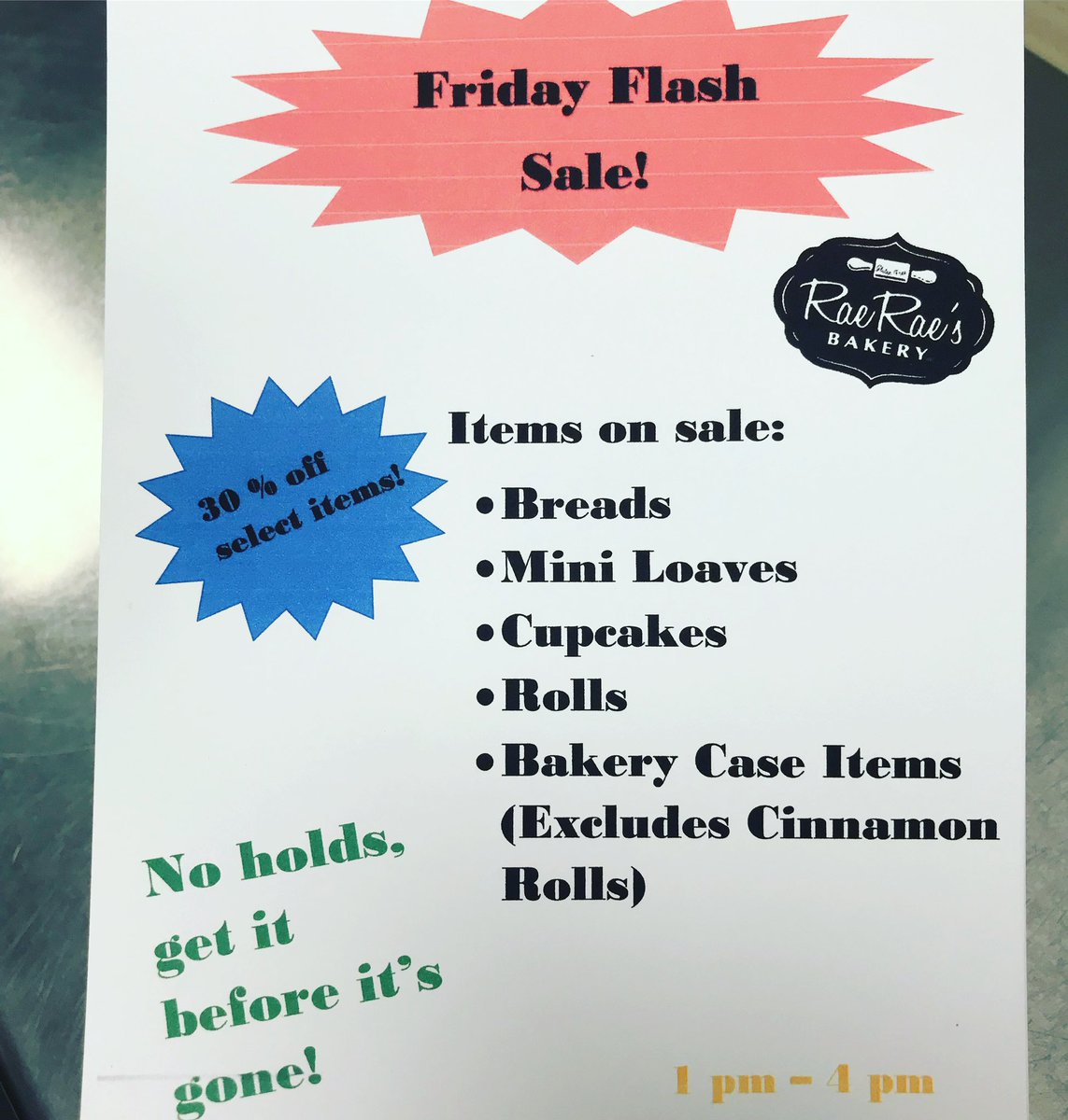 RaeRaesBakery's tweet photo. 🌟 Flash Sale Time🌟
Stop by the store 1-4pm and grab what you can!
.
.
#flashsale #discount #glutenfree #hurryup #stopby #letsgo #raeraesbakery #ohmy #billingsmt #billingsmontana https://t.co/4yOwYDZAcV