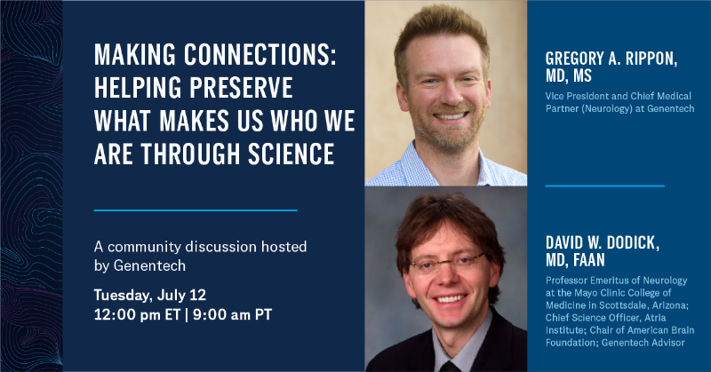 genentech's tweet photo. Join us for a LinkedIn Live conversation on July 12 between Genentech’s Greg Rippon and Dr. Dodick to discuss the interconnectedness of the brain and the role it plays in shaping a person.