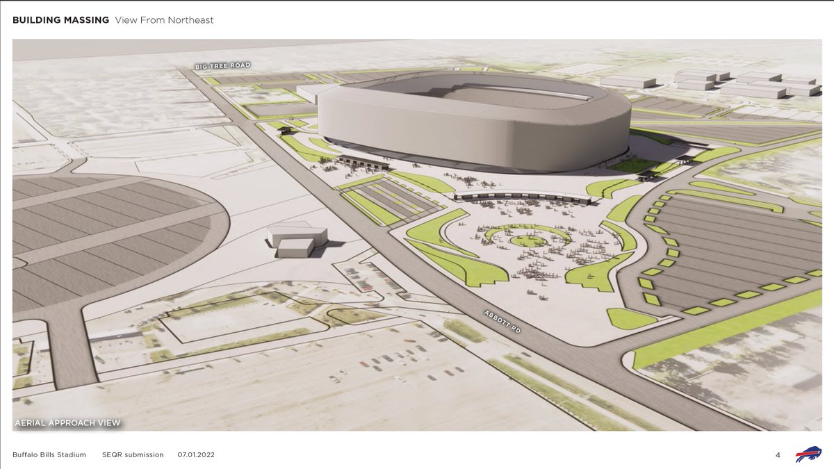 Here is another look at the site map plan of the new #Bills stadium. It shows a large plaza leading up to the new facility. Also notice the current Highmark Stadium is replaced with parking. (again the image of the stadium only shows size and orientation not the final design)
