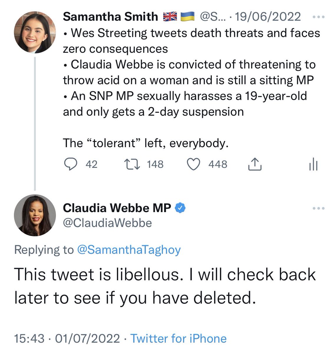 Claudia Webbe was convicted of harassing a woman over an 18-month period.

During her trial, it was heard that Webbe made an "angry" call, used a derogatory term and added: "You should be acid.”

I won’t delete my tweet, nor will I be bullied/threatened by a convicted criminal.