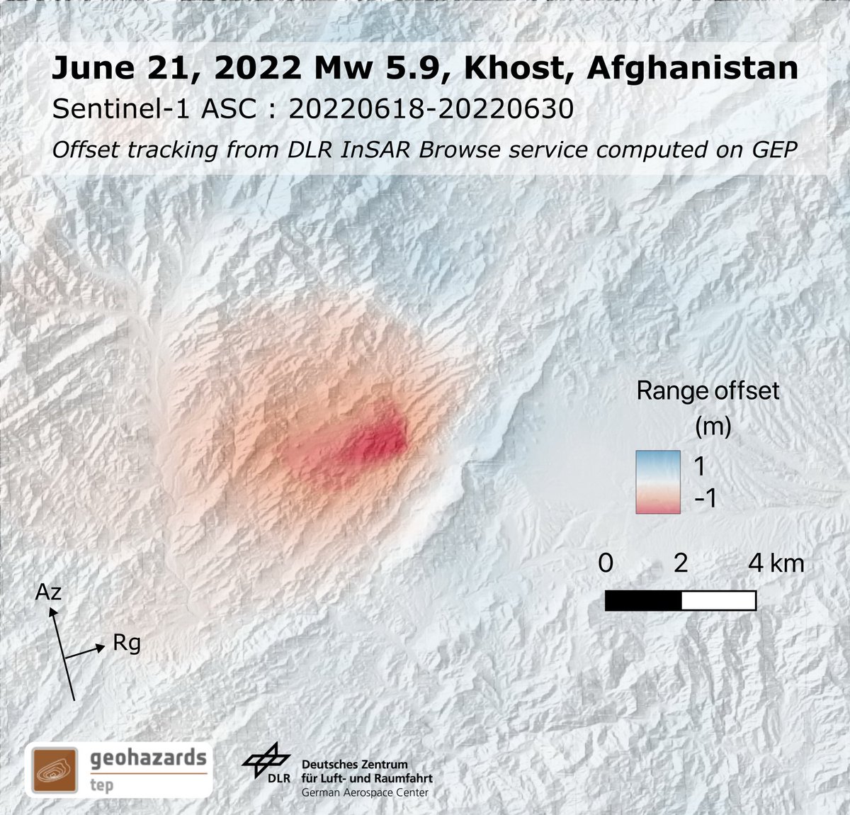 June 21, 2022 Mw 5.9 #Afghanistan earthquake. Visible deformation in the range direction using #Sentinel1 offset tracking from <a href="/DLR_en/">DLR - English</a> on <a href="/esa_gep/">Geohazards Exploitation Platform</a>.