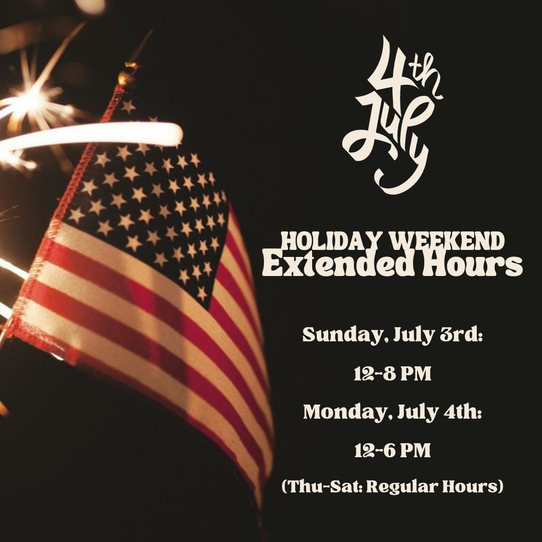 Happy Friday! We are gearing up for a holiday weekend with special extended hours on Sunday and Monday. Check out our website for food truck info and upcoming events so you can plan your visit this 4th of July weekend!