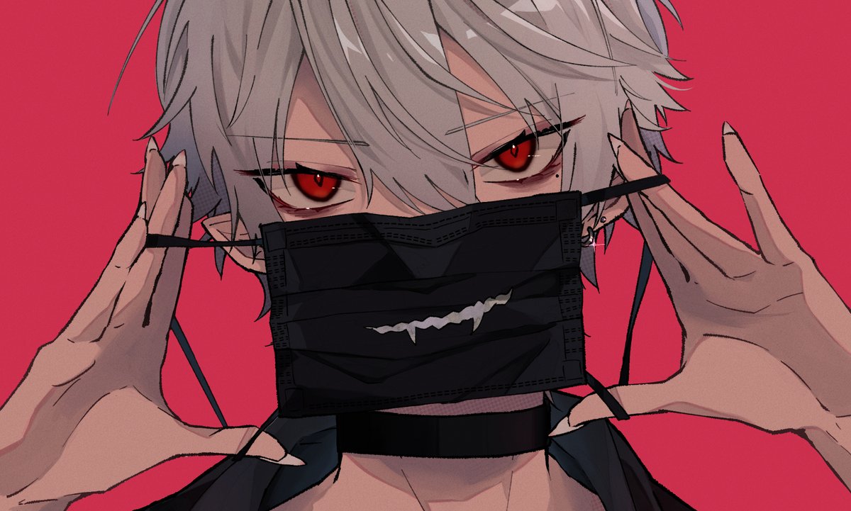 kuzuha (nijisanji) 1boy male focus red eyes mouth mask mask solo red background  illustration images