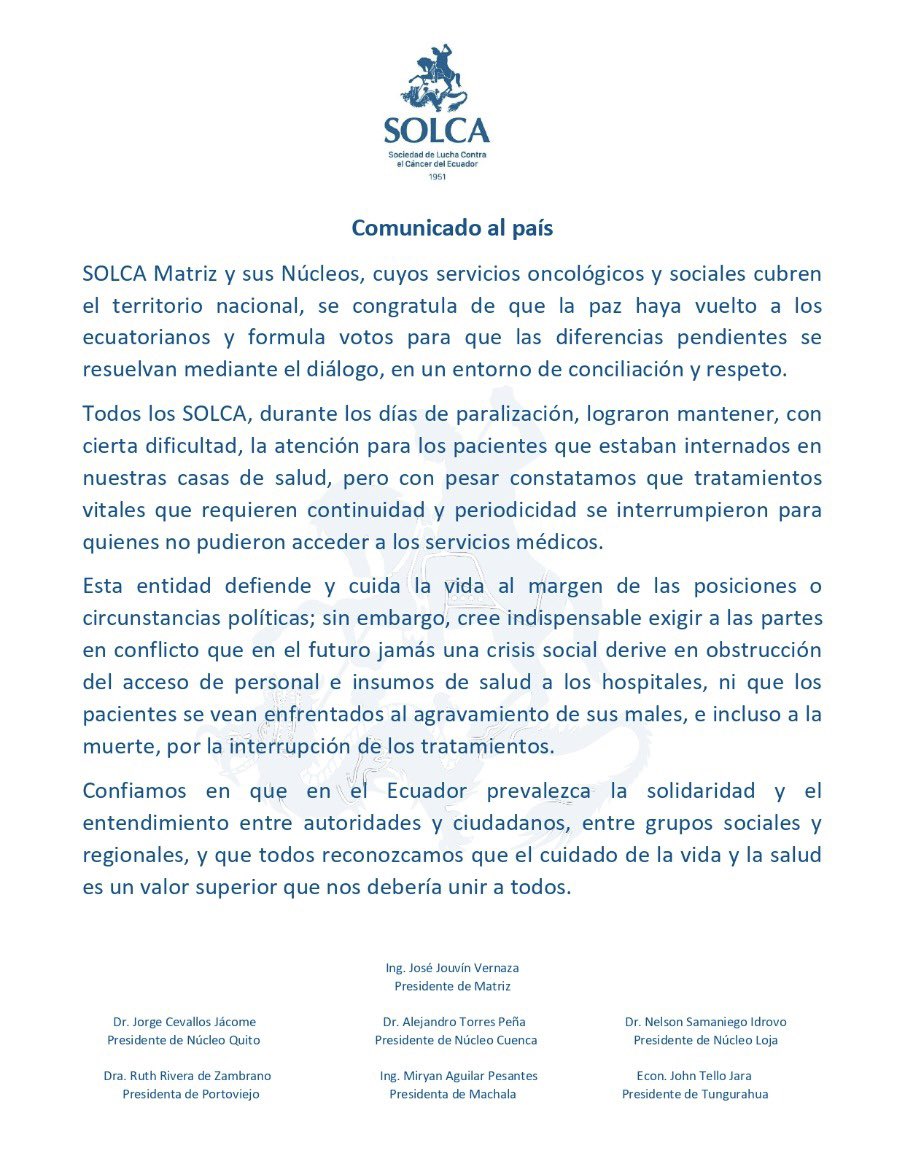 SolcaGuayaquil's tweet photo. Comunicado al país.
@SolcaCuenca @Solca_Manabi @MachalaSolca @solca_loja #SolcaQuito #SolcaTungurahua https://t.co/ccTmG8ptl2