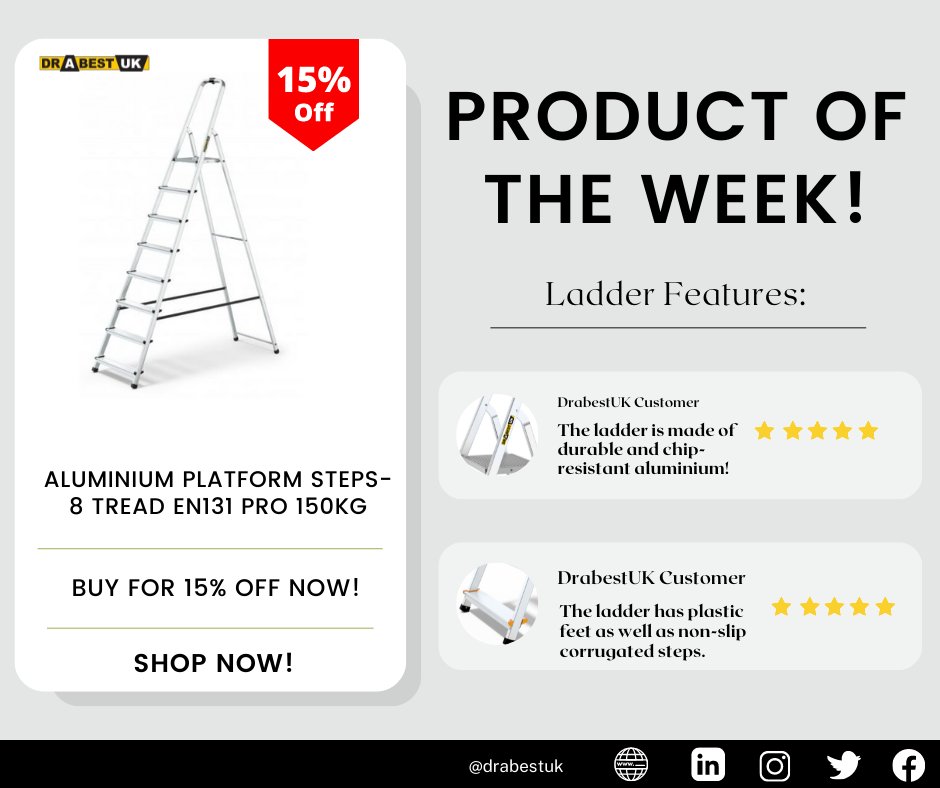New Product of the Week!!! 🥳🥳🥳

Get your hands on the Aluminium Platform Steps - 8 Tread EN131 Pro 150kg with a huge discount 15% off! Available today to Sunday 10th July! 🤗

Don’t miss the chance, hurry up and shop now!!! 🤩

Purchase the ladder here: drabestuk.com/products_drabe…