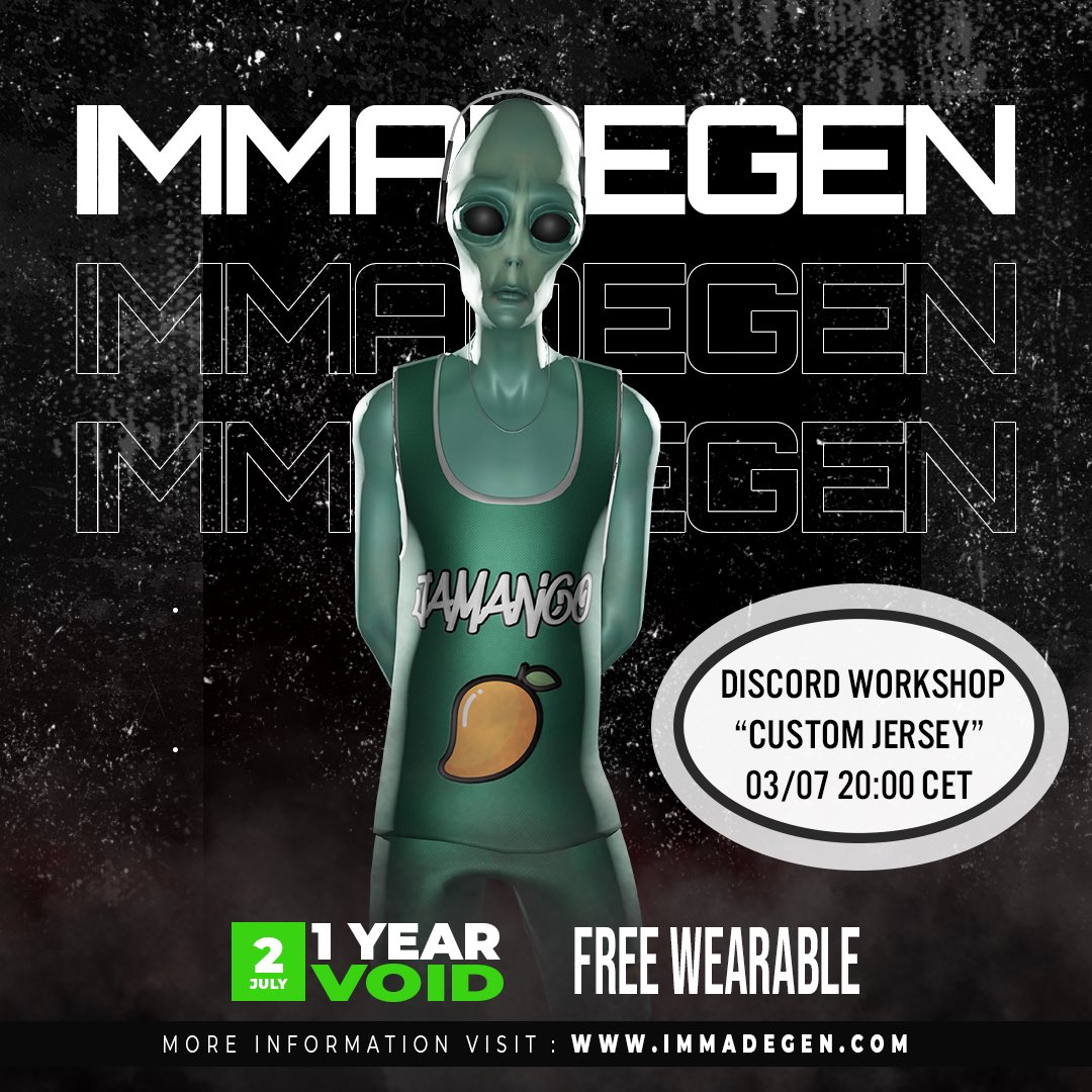 ImmaDegen's tweet photo. Celebrate VOID's 1 year IMMAversary with a creative workshop! Participate and get a custom Jamango jersey. Learn how to add it to your VOID and customize it with no previous knowledge required. Practice on your desktop with Blender3D (free) or receive the file just for watching. https://t.co/m6j48kk8uF