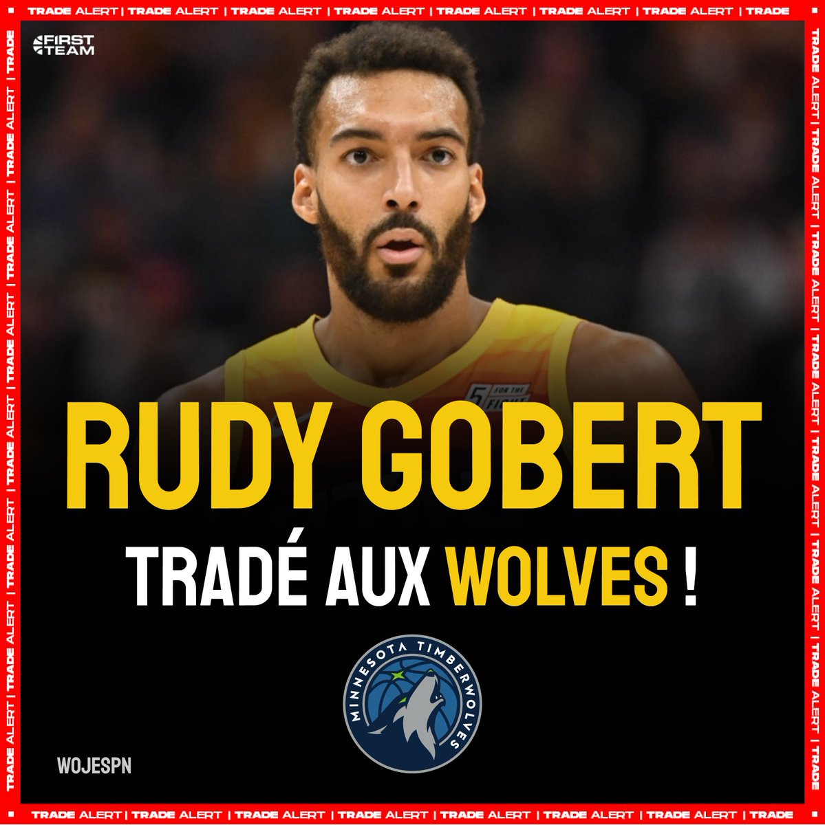 FirstTeam101's tweet photo. TRADE ALERT 🚨

🟢 LES WOLVES REÇOIVENT :
- Rudy Gobert

🔵 LE JAZZ REÇOIT :
- Malik Beasley
- Patrick Beverley
- Jarred Vanderbilt
- Walker Kessler
- Leandro Bolmaro
- 4 choix de 1er tour (2023, 2025, 2027, 2029) 😮

📄 @wojespn https://t.co/cDz3NUIlFg