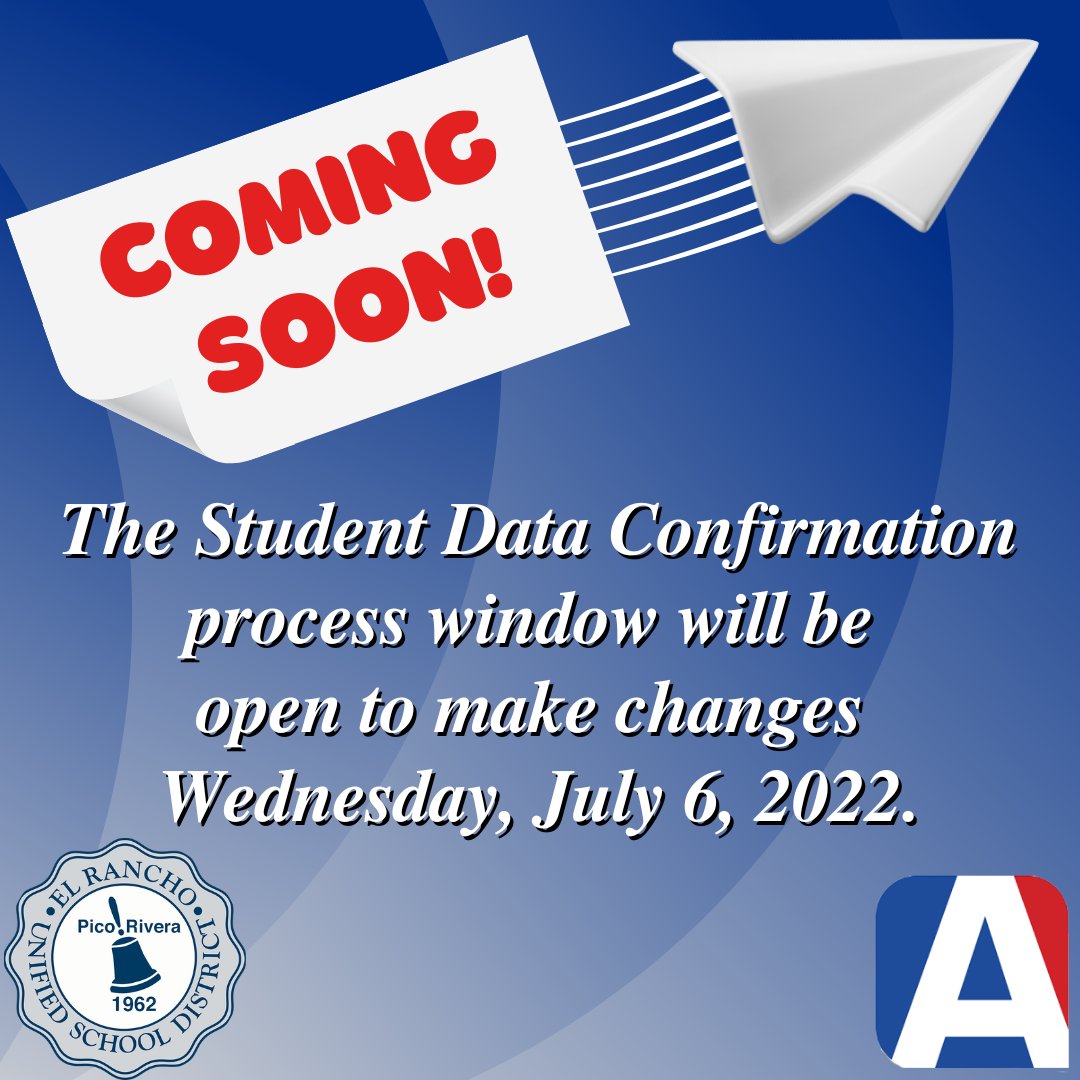 All parents in the El Rancho Unified School District must re-register their children online using the Aeries Parent Portal.👨‍👩‍👦The Student Data Confirmation process window will be open to make changes Wednesday, July 6, 2022. ⌨️